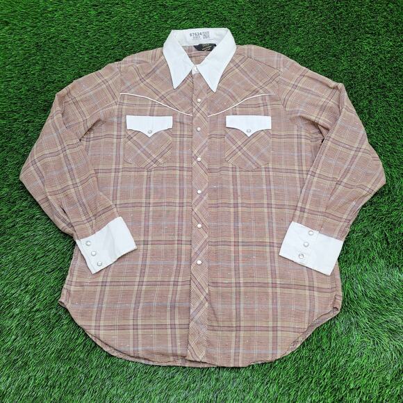 Vintage 70s Sears Western Rodeo Snap Shirt XL 24x33 Plaid - Picture 1 of 13